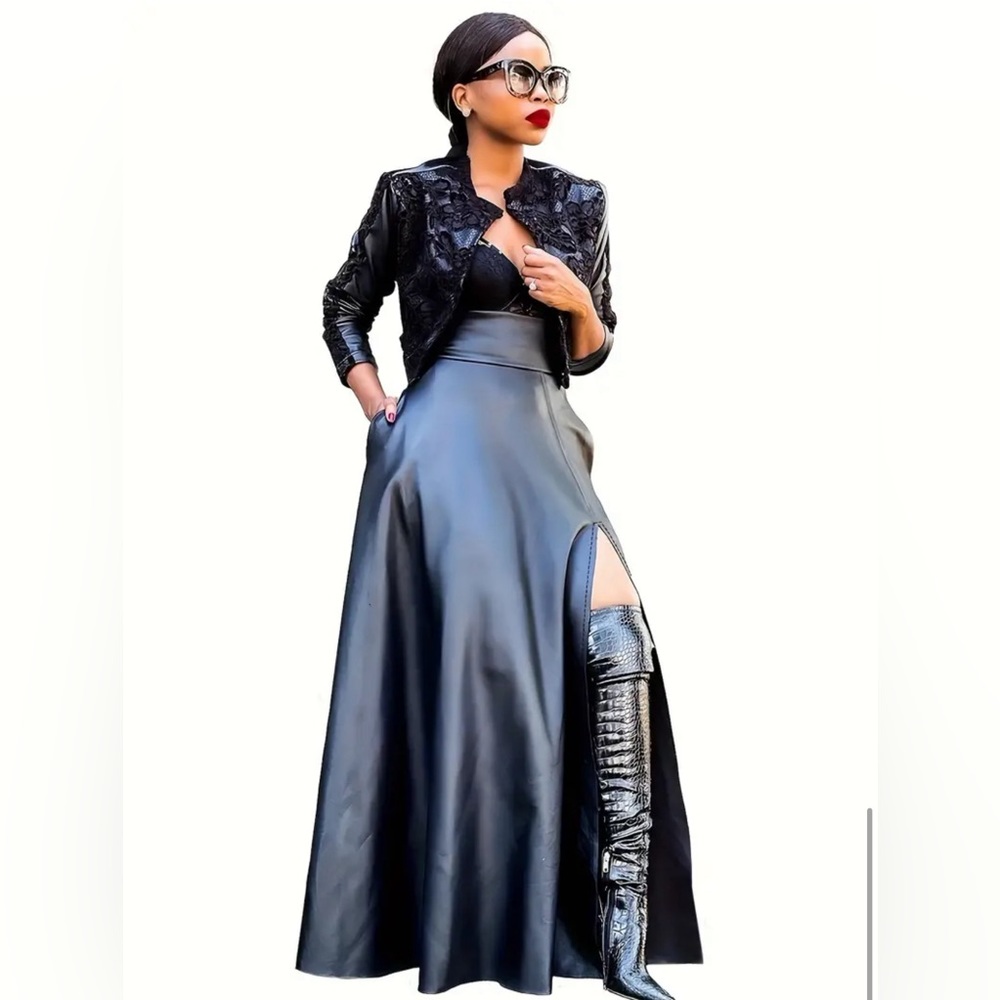 High Waist PU Leather Skirt, Sexy Side Slit